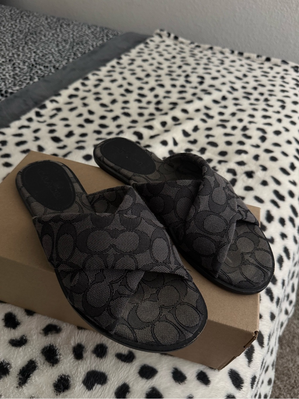 Coach Women's Charcoal/Black Signature Cross-Strap Slide Sandals